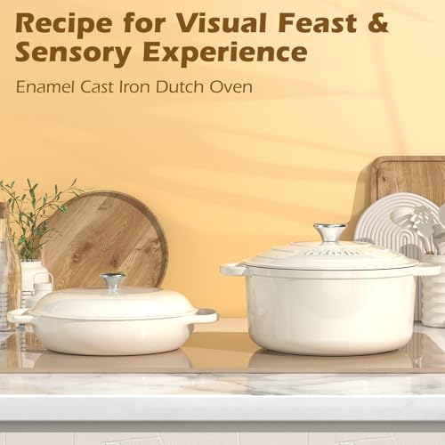 Enamelled Cast Iron Round Casserole Pot with Lid & Cotton Potholders - 26cm 4.75L Non-Stick Dutch Oven - Sturdy Dutch Oven Cookware for Bread Baking, Braising, Stews, Roasting - Cream White, 5QT - Image 3