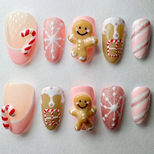 30Pcs Christmas Press on Nails Short Almond Fake Nails Cute Pink Christmas False Nails with 3D Gingerbread Man Cane Design Winter Glue on Nails Snowflake Full Cover Stick on Nail for Women Holiday DIY