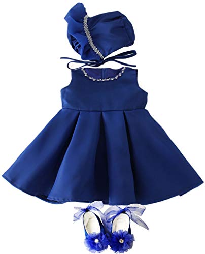 Bow Dream Baby Girl Dresses for Party Princess Formal Infant Birthday Gown with Bonnet 3pcs Royal Blue 12-18 Months