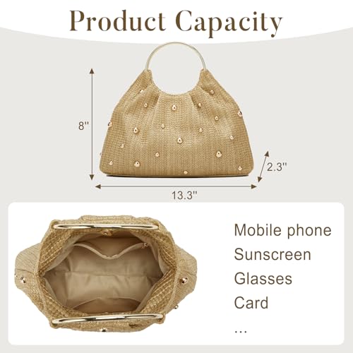Image of Straw Woven Beach Bag 2026 Summer Beaded Top Handle Handbag Raffia Evening Purse Wedding Clutch Vacation Tote Wristlet Bag