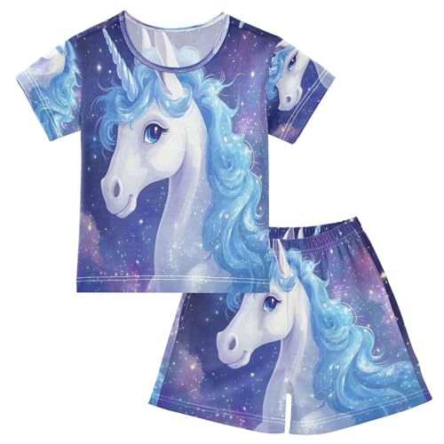 ALAZA Unicorn Galaxy Starry Star Pajamas Set Short Sleeve Cotton Sleepwear Summer Pjs 2 Piece 5-14Y
