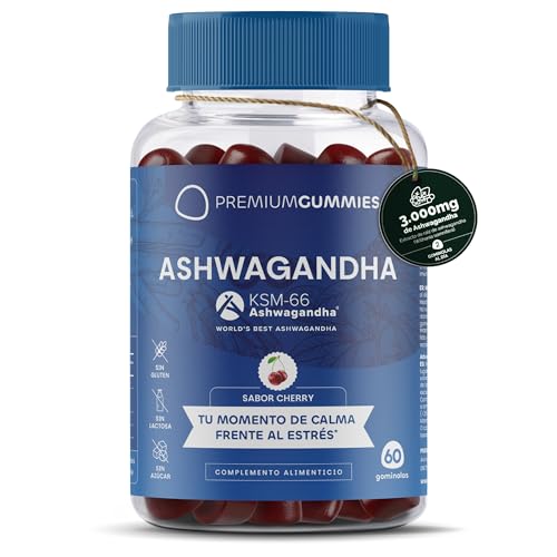 Ashwagandha KSM-66® Gominolas 3000mg - Antiestrés Natural - Sabor Cereza Natural - Con Vitaminas B6, B12 y D3 - Sin Azúcar - Vegano - Sin Gluten - Sin GMO - 60 Gominolas - 30 Días by Premium Gummies
