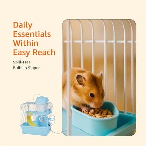 Image of Amazon Basics Hamster, Gerbil, Guinea Pig Cage and Playhouse | Blue | Spacious Plastic Cage for Small Pets | 2 Level | Double Story with Slide, Exercise Wheel and Feeding Bottle | LxWxH-27x 17x 31 Cm