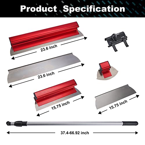 Drywall Skimming Blade Set Stainless Steel Extruded Aluminum 16\" Blades x2 + 24\" Blades x2 + Semi-Circular Blade + 37\"-67\" Extension Handle + Pro-Grade Holder - Thumbnail 2