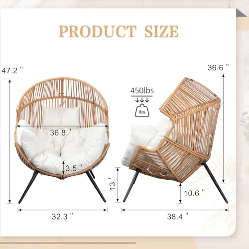 Vongrasig Outdoor Wicker Egg Chair PE Rattan Chair with Cushion, Oversized Patio Lounge Chair for Outdoor, Indoor, Balcony, Backyard, Garden, Beige