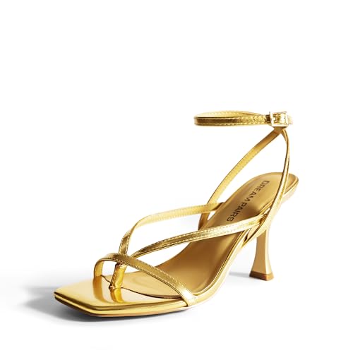 DREAM PAIRS Women's Square Heels Strappy Toe Thong Ankle Strap Sandals Shoes 6 Gold