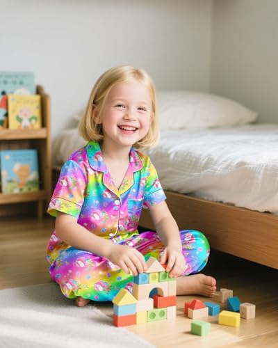 Nidoul Girls Pajamas Silky Short Sleeve Long Pants Cute Jammies Satin Sleepwear Pjs Set for Toddler Kids 3T-10Y3