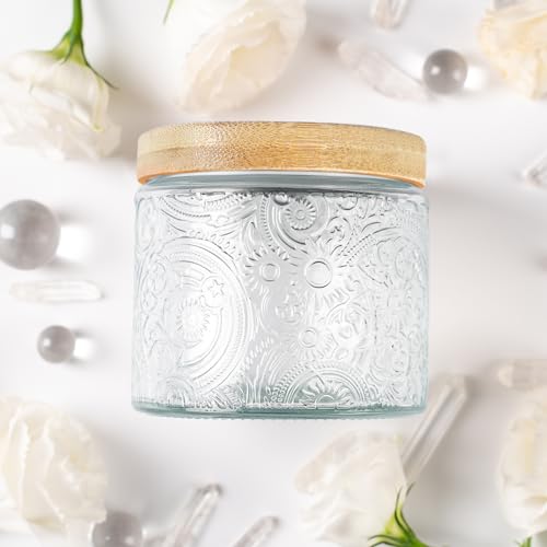 Art Secret 10 oz Embossed Glass Candle Container with Bamboo Lids and Labels