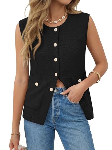 Image of Yousify Womens Sweater Vest Sleeveless Button Down Round Neck Knitted Tank Tops Casual Cardigan with Pockets