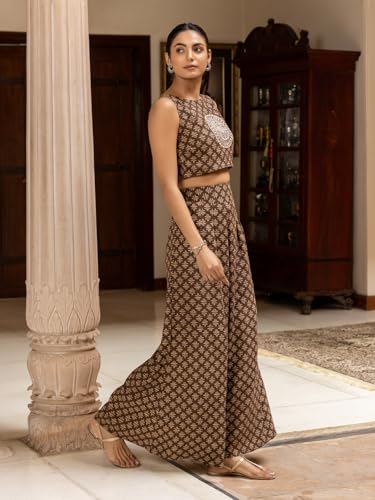 Image of FIORRA Women Cotton Printed Brown Embroidered Co-Ord Set