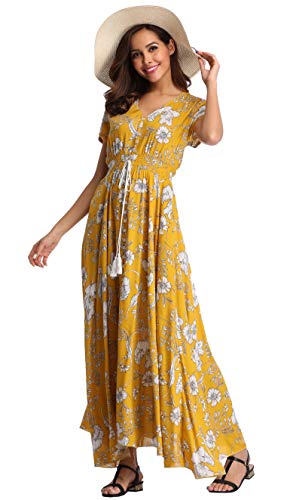 Image of VintageClothing Women's Floral Maxi Dresses Boho Button Up Split Summer Casual Long Dress Beach Party Dress