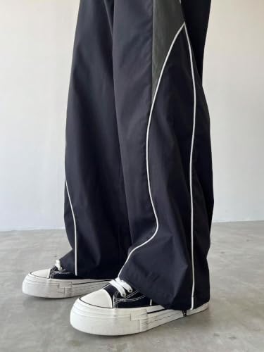 Image of GRECIILOOKS Track Pants for Men Baggy Wide Leg Korean Streetwear Trousers | Relaxed Fit Baggy Pants for Men with Drawstring Waist | Casual Oversized Lower for Travel, College & Everyday Wear