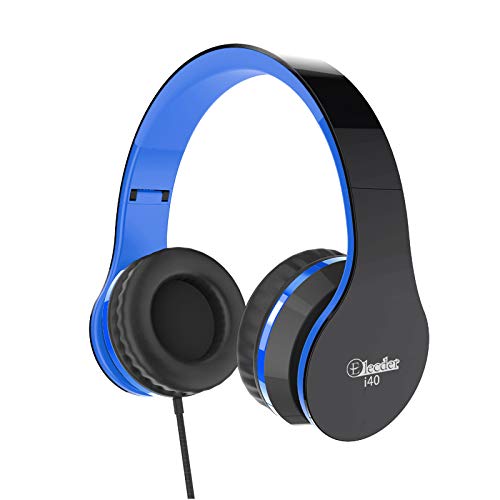 Elecder i40 Headphones with Microphone Foldable Lightweight Adjustable Wired On Ear Headsets with 3.5mm Jack for Cellphones Laptop Computer Smartphones MP3/4 Kindle School (Black/Blue)