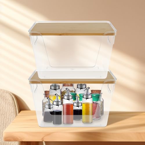2 contenedores de almacenamiento de plástico con tapa y asas de bambú, 29 x 18 x 18 cm, caja de contenedores transparentes con apertura frontal, apilable, dispensador de bolsas de basura, soporte de