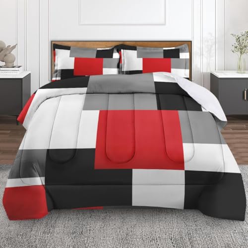 Culudea Geometric Red Checkered Comforter Set Full Size, Black and Gray Modern Soft Bedding Set with 2 Pillowcases for Girls Teens Kids Boys Adults Bedroom Bed Decor,1 Quilt 2 Pillow Cases