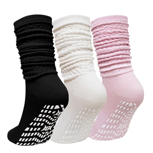 PUTUO Yoga Socken Stoppersocken für Damen: ABS Socken für Pilates Fitness Trampolin Sport und Reha zuhause - Slouch Lange Baumwolle antirutschsocken in verschiedenen Farben 3 paar Größe 35-38