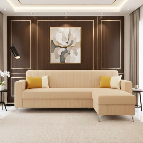 Image of SOCOZI Anton 4 Seater L Shape Sofa Set with Movable Ottoman | Flexible Left or Right Layout | Soft Velvet Suede Fabric | Modern Design | Plush Comfort Cushions for Living Room (Beige)