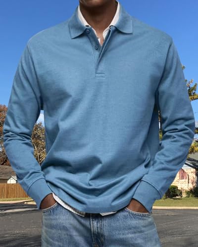 HOTYD Button Up Long Sleeve Polo Shirts for Men Lapel Collar Casual Solid Color Shirt Loose Collared Shirt Work Golf Shirts2