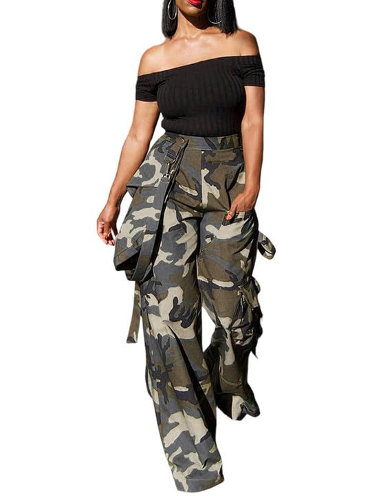 Womens Baggy Camo Cargo Pants High Waist Streetwear Camouflage Army Wide Leg Pants with Pockets