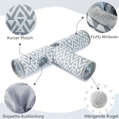 Túnel para gatos de 3 vías JanYoo de peluche gris para mascotas 3