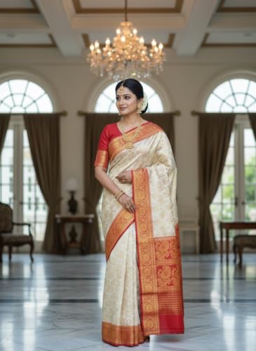 Image of NEW COLLECTION White Red Gold Border Bengali Saree for Women Traditional Kanjivaram Art Soft Silk Garad Durga Puja New Saree Trendy Banarasi Style Red Border Golden Zari Floral Red Blouse