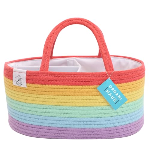 OrganiHaus Rainbow Nursery Storage Basket, Cotton Rope Toy & Diaper Caddy Organizer with Handles, Baby Diaper Organizer, Foldable Design, Machine Washable, Ideal for Baby Room & Laundry