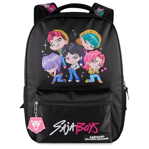 Image of AI ACCESSORY INNOVATIONS K-Pop Demon Hunters Chibi Saja Boys 16 inch Backpack for Girls, Featuring Jinu, Abby, Mystery, Romance, & Baby, Saja Rubber Molded Bag Charm, Saja Boys