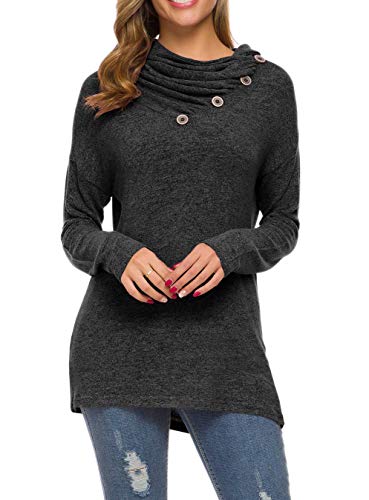 Weaczzy Womens Long Sleeve Button Cowl Neck Casual Loose Tunic Tops Blouse (Large, 01 Black) #TOP1