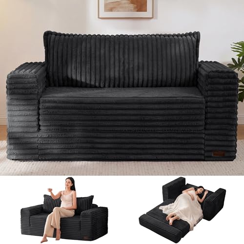 Image of MAXYOYO Convertible Sofa Bed, 2 in 1 Folding Couch Bed for Small Space, Pull Out Loveseat Sofa Couch with Large Back Pillow, Plush Faux Fabric Lounge Couch for Living Room, Apartment, Black