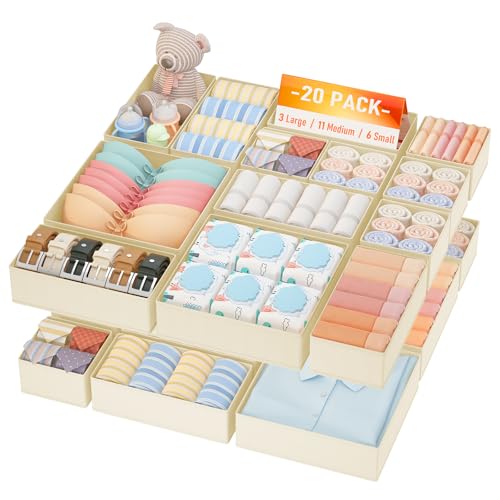 Image of DIMJ Drawer Organizer Clothes, 20 Pack Dresser Organizer, Foldable Closet Organizers and Storage, Fabric Dresser Bins, Drawer Dividers for Nursery, Baby Clothes, Underwears, Sock (Beige)