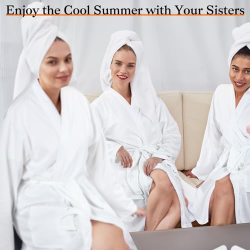 Handepo 2 Sets Waffle Bath Robe Set Unisex Hotel His and Hers Robes Couples Lightweight Knit Spa Bathrobe Slipper Hair Towel(White,L)4