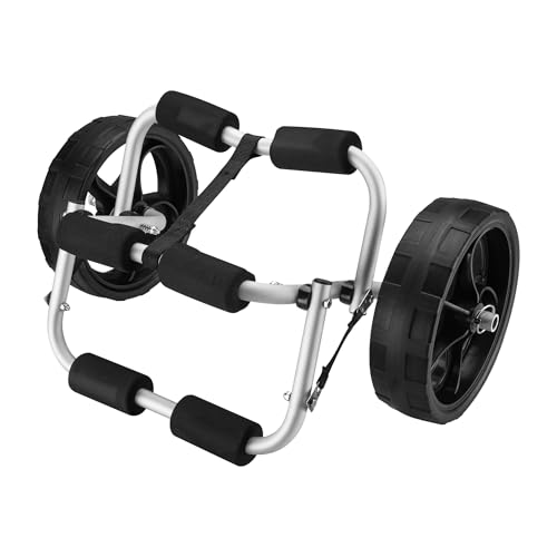 Wiltec klappbarer Alu Kanuwagen bis 45 kg, Transportwagen für Boote, Kanus, Kajaks, Surfwagen mit Polstern, Ø25 cm PU-Räder inkl. Nylonband zur Fixierung, Stabiler SUP-Trolley, SUP-Wagen mit Stütze
