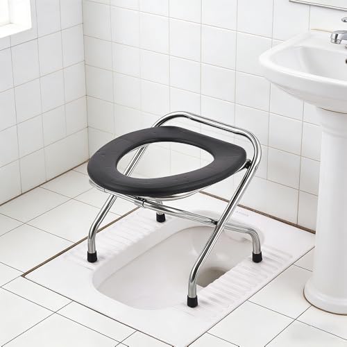 Raised Toilet Seat with Handles – Adjustable Height & Width, Anti-Tip Elderly and Handicap Commode Seat, Portable Stainless Steel Design with Cushion