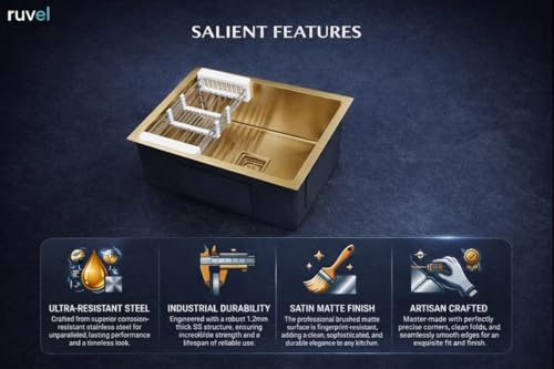 Image of RUVEL Kitchen Sink 24 inchx18 inchx9 inch | Premium Handmade 304 Grade Stainless Steel Single Bowl | Heavy Duty, Rust & Scratch Resistant | Includes Waste Coupling, Drain Rack & Hose Pipes | Gold - Matt Finish