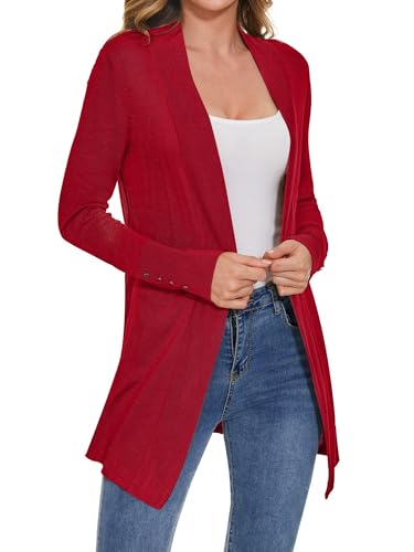 Image of Women Long Knit Cardigan Lightweight Open Front Sweaters | Capsule Wardrobe for Women, Relaxed fit, Buttoned Ribbed cuffs, Dressy Business Casual , for spring early fall office work