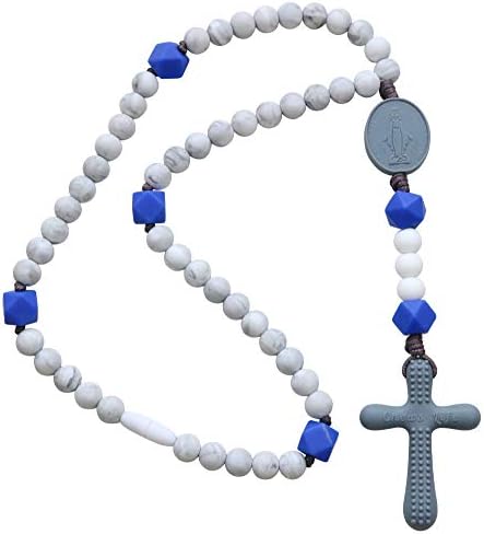 Chews Life - Teething Rosary Beads - Baptism Gift & Mass Toy for Catholic Girls & Boys, Handmade, Silicone Beads & Organic Cotton Cord - CPSIA Certified Safe - Marble and Blue Rosary