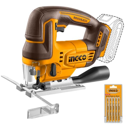 Ingco Cjsli1008 Seghetto Alternativo a Batteria 20 V Brushless Taglio Legno Metallo Dritto 45° 5 lame Solo corpo