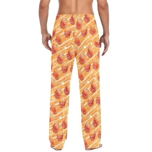 Men's Basketballs and Stars Pajama Pants with Pockets - Straight Fit Cotton Sleep Bottoms for Lounge & Nightwear#6293