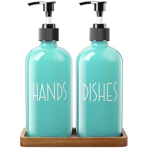 ALELION Turquoise Dish Soap Dispenser for Kitchen - 16 OZ Glass Hand Soap Dispenser Set with Pump and Acacia Wood Tray - Turquoise Kitchen Decor & Teal Kitchen Accessories