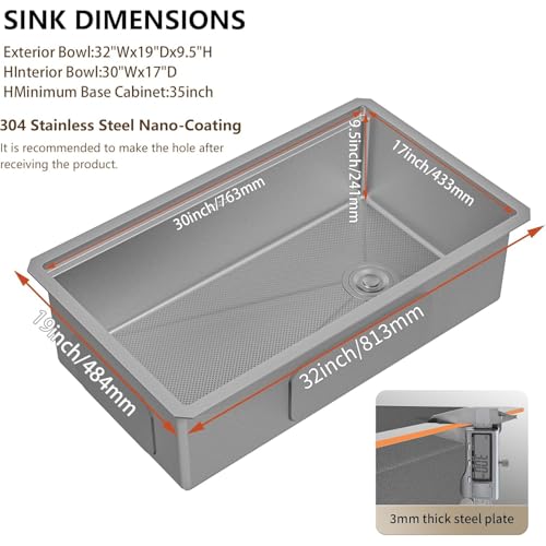Image of 32-Inch Undermount Kitchen Sink, 304 Stainless Steel with Nano Coating, Single Bowl for Workstation, RV, Prep Kitchen, Includes Cutting Board & Roll-Up Dish Rack, and More Accessories (Silver)