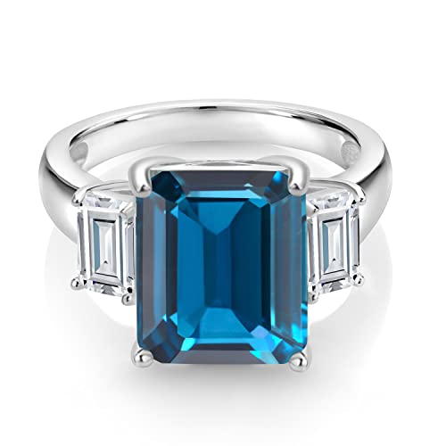 Gem Stone King 8.64 Cttw London Blue Topaz and White Moissanite 3-Stone Ring For Women | 925 Sterling Silver | 3 Stone Wedding Engagement Anniversary Promise Ring | Available In Size 5-93