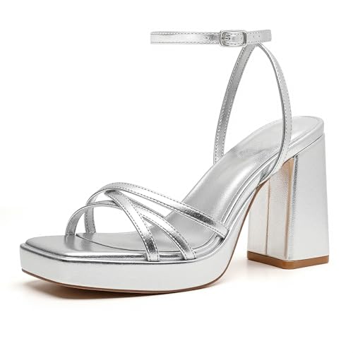 Trary Gold & White Heels - Square Toe, 3 inch Platform, Strappy & Block Heels for Wide Feet, Ankle Strap Y2k Shoes for Prom