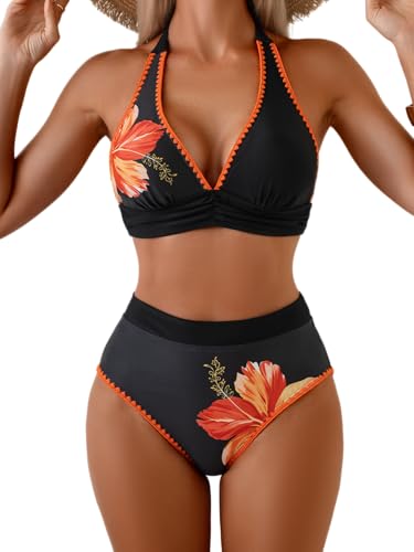 Aidonger Womens Bikini Sets High Waisted Swimsuit Halter V Neck Shell Stitched Two Piece Bathing...