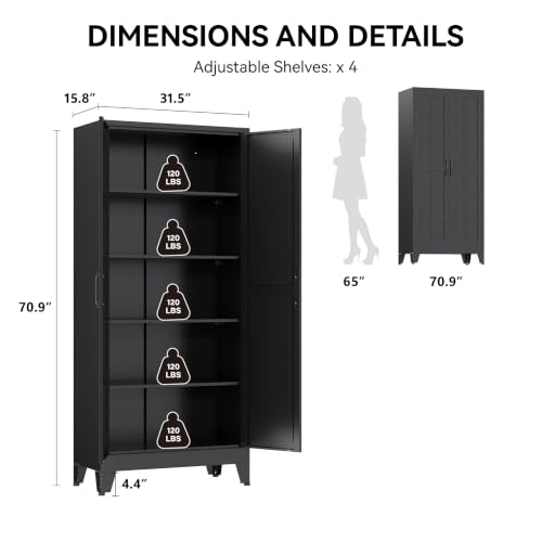 Image of COFaR 71 inch Black Metal Storage Cabinet with Doors for Office and Garage | 5-tier kitchen pantry cabinet with square-panel doors and 4 adjustable shelves for laundry room, office or garage storage.