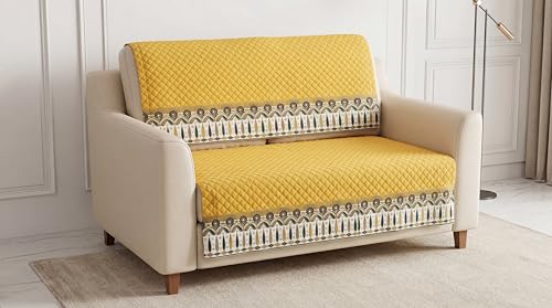 Image of KINGLY Sofa Cover 2 Seater Fully Covered | Stretchable Anti-Slip Slipcover | Washable Furniture Protector | Mustard Yellow | Set of 2 | Seat & Back |