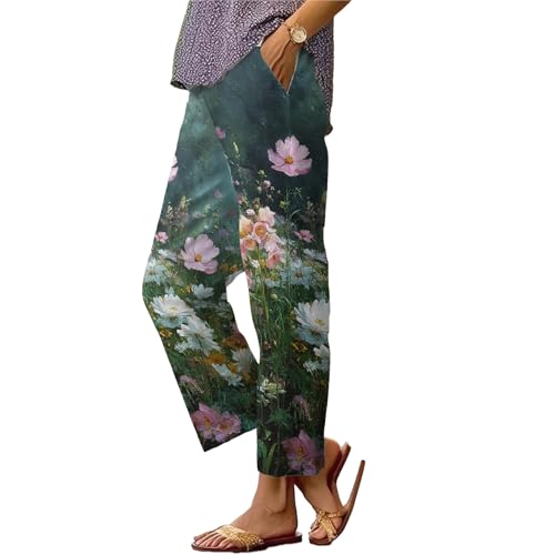 Oil Painting Graphic Pants Women Casual Floral Print Elastic Waist Trousers Comfy Lightweight Summer Clothing