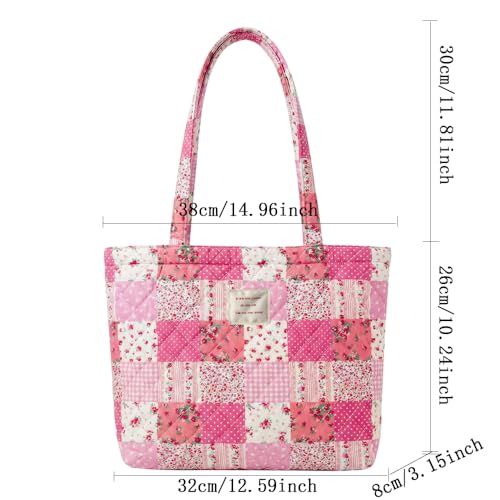 Image of Floral Quilted Cotton Shoulder Bag for Women Medium Size Handbag Large Capacity Thickened Design Tote