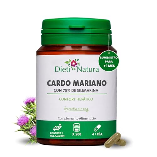 Cardo Mariano 200 Cápsulas (75% de Silimarina) de Dieti Natura - Cardio Mariano Cápsulas para Detox Depurativo Hígado y Colon - para Desintoxicar y Regenerar el Hígado - Protector Hepático Natural