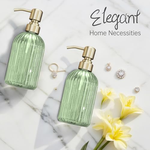 Image of Avola Green Glass Soap Dispenser, Vertical Stripes Bathroom Hand Soap Dispensers with Brushed Gold Pump, 16 Oz Glass Kitchen Dish Soap Dispenser,Stainless Steel Liquid Green Soap Dispensers