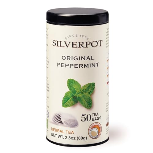 Silverpot Original Peppermint, 50 Round Tea Bags, Tin | Gourmet Herbal Tea | Caffeine Free | Enjoy Hot or Iced